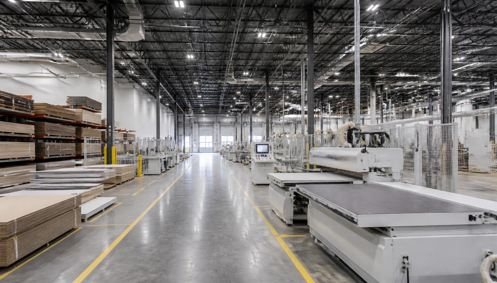 Millwork manufacturing floor with CNC panel processing and assembly operations